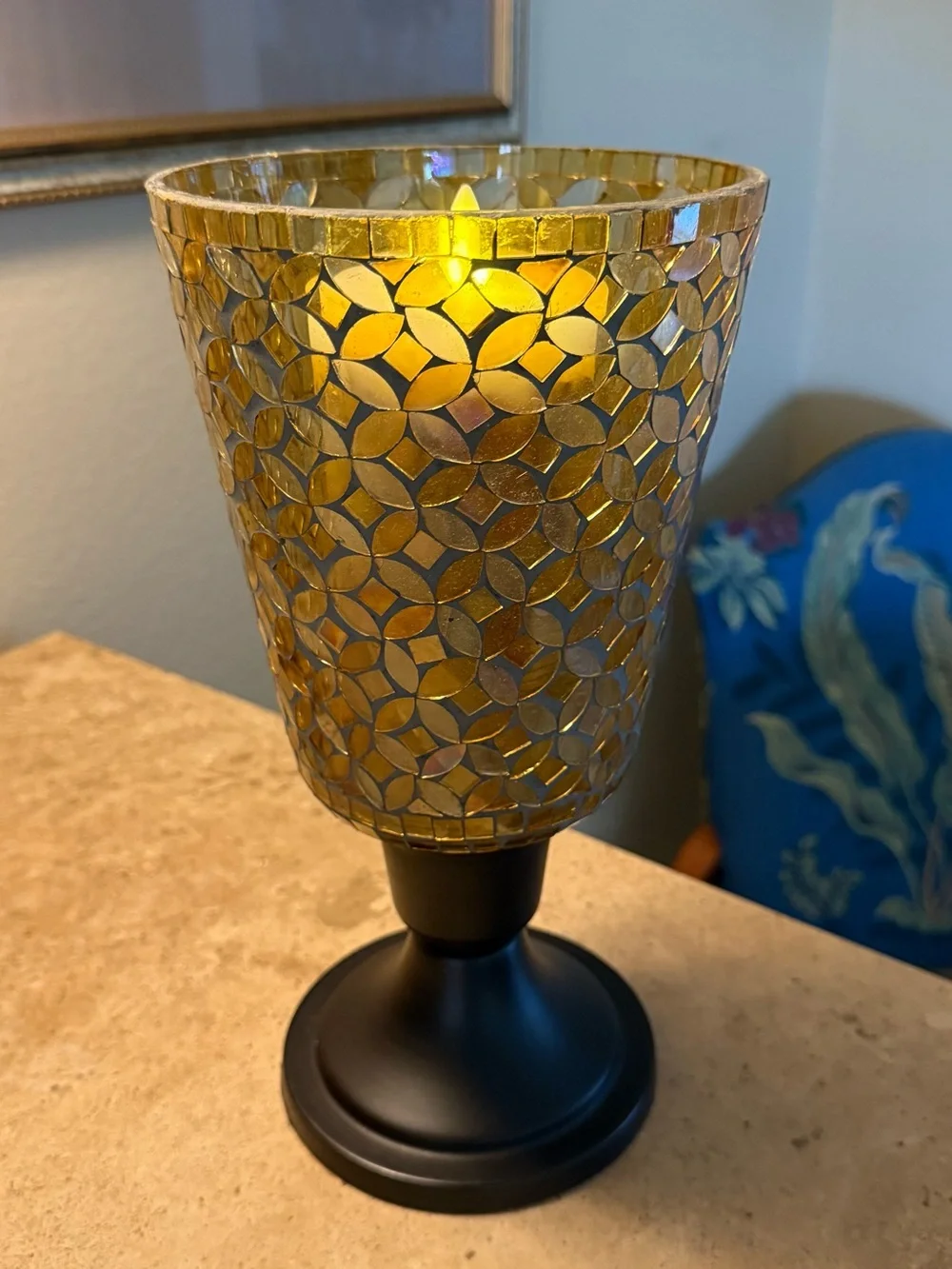 Gold Mosaic Glass Hurricane Candle Holder - Decorative Home Accent